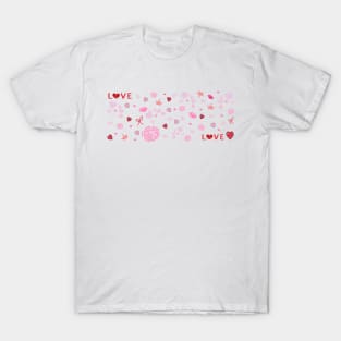 Doodle hand drawn abstract roses, hearts, love, lips, kiss collage banner T-Shirt